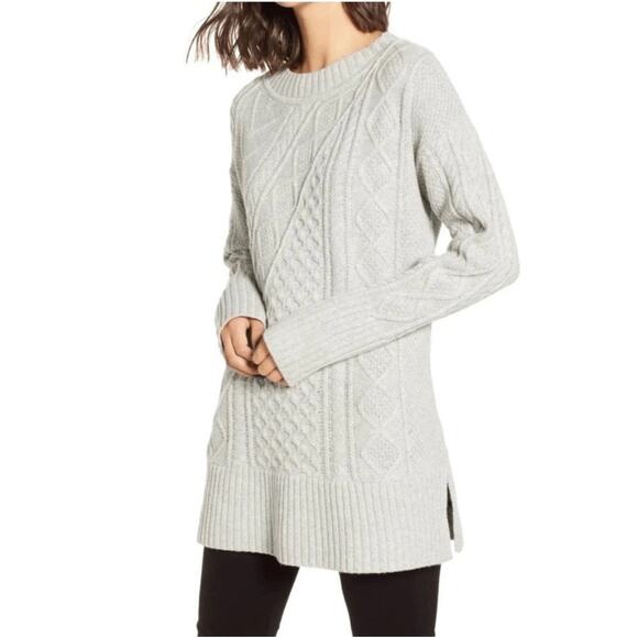 J. CREW Gray Cable Knit Patchwork Tunic Sweater Wool Chunky Knit Fisherman - XL - Picture 2 of 9